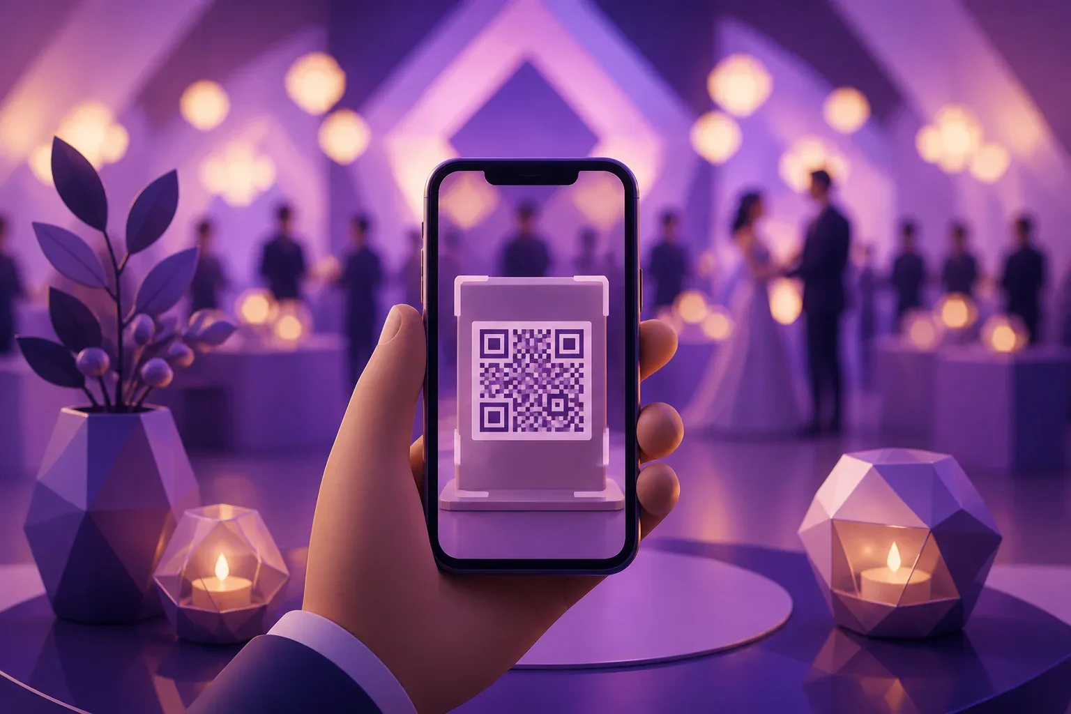 Hand scannt QR-Code auf einer Tischkarte mit dem Smartphone